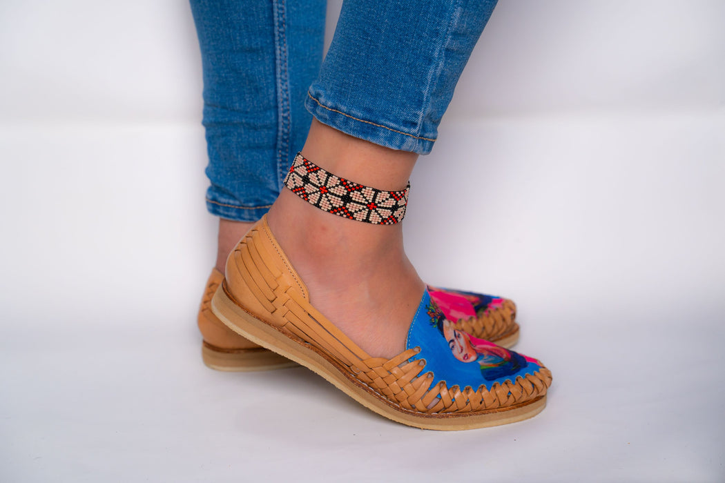 Beaded Red Hues Peyote (Flower) on Black Anklet