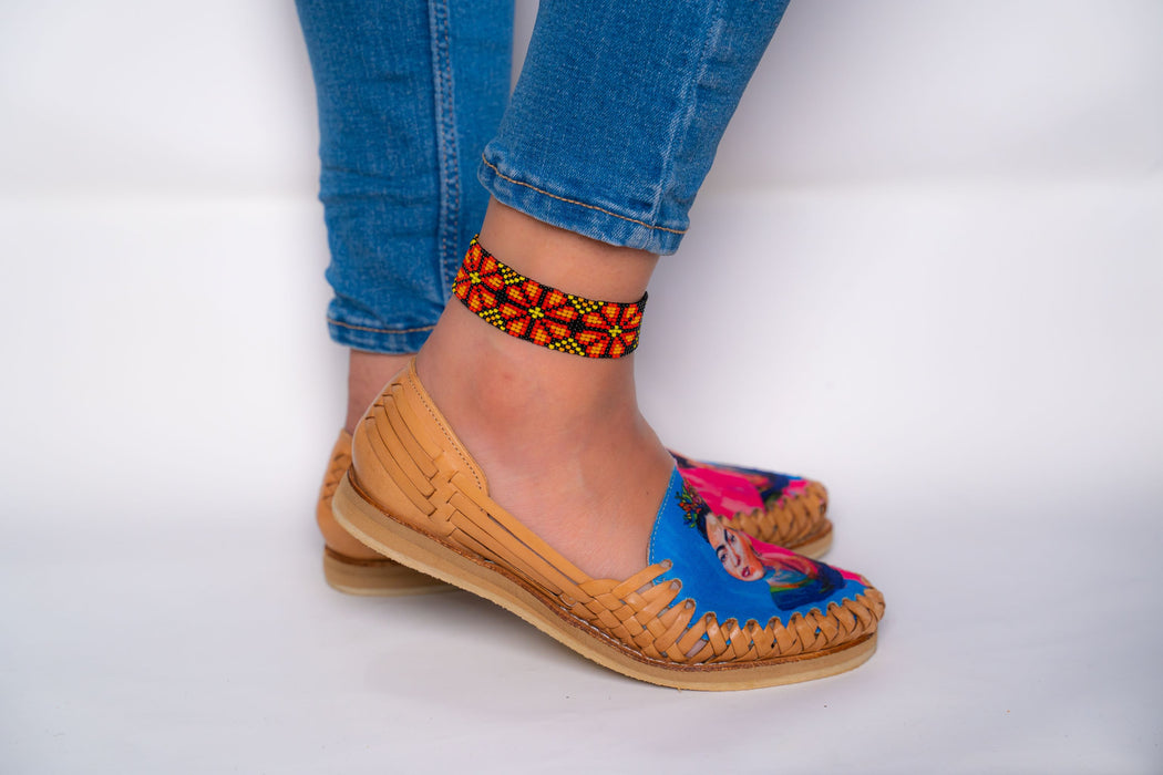 Beaded Warm Hues Peyote (Flower) on Black Anklet