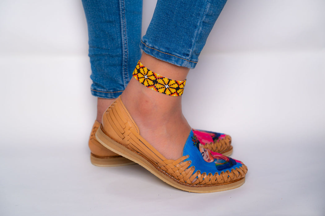 Beaded Yellow Hues Peyote (Flower) on Black Anklet