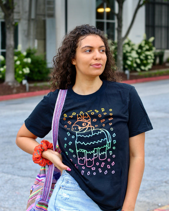 Female model with Black Piñata T-shirt