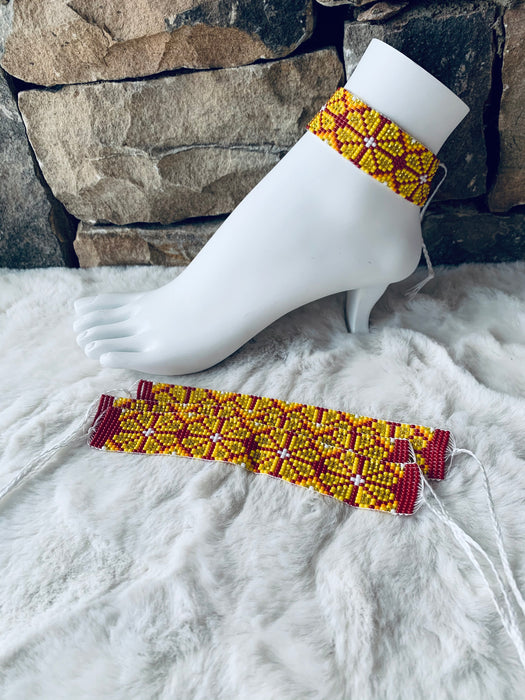 Beaded Yellow Hues Peyote (Flower) on Red Anklet